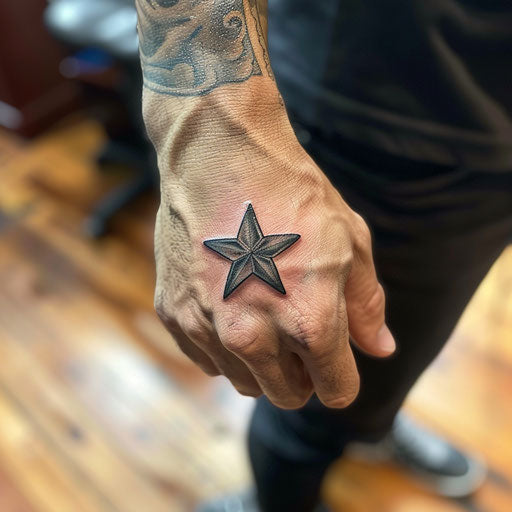 Small hand tattoos of a star, in the style of Steve McNiven