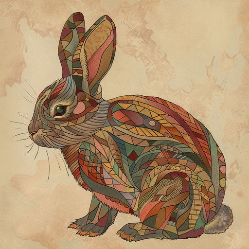 Flat tattoo sketch of a bunny, with folk art patterns in earth tones