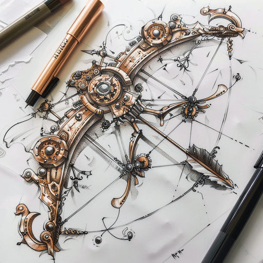 Steampunk bow and arrow tattoo with mechanical elements