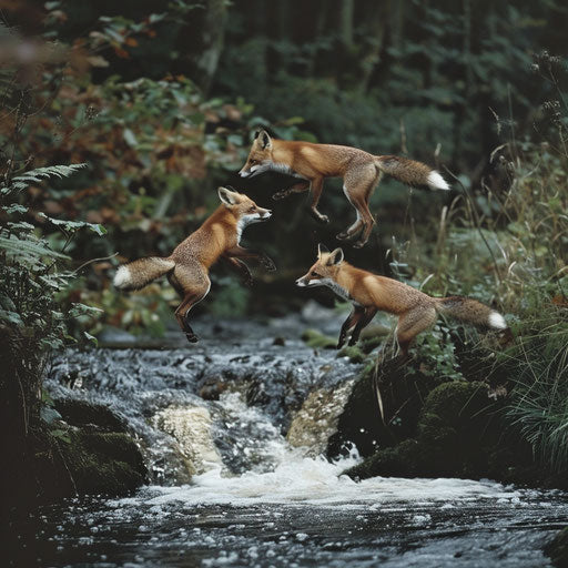 Foxes gracefully leaping over a babbling brook