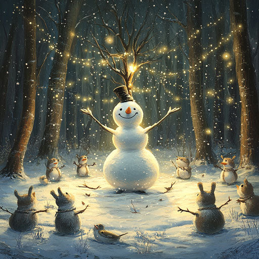 Snowman yoga instructor in peaceful snowy forest