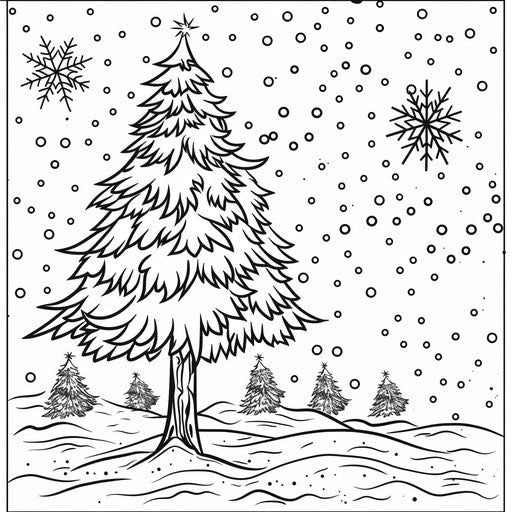 Snowy scene with a lone pine tree and soft snowflakes falling around. Coloring book page