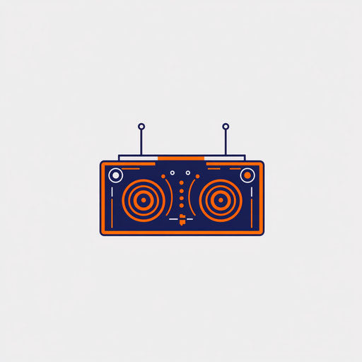 Minimalist DJ logo with sleek DJ controller, refined typography, orange and navy blue on light gray background