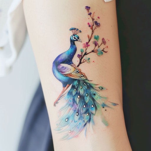 Watercolor style peacock tattoo in soft colors