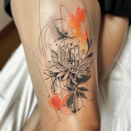 Surrealistic tattoo of a November birth flower blending with abstract elements on a white canvas