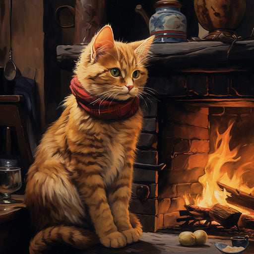 Manx cat in front of a fire in a fireplace