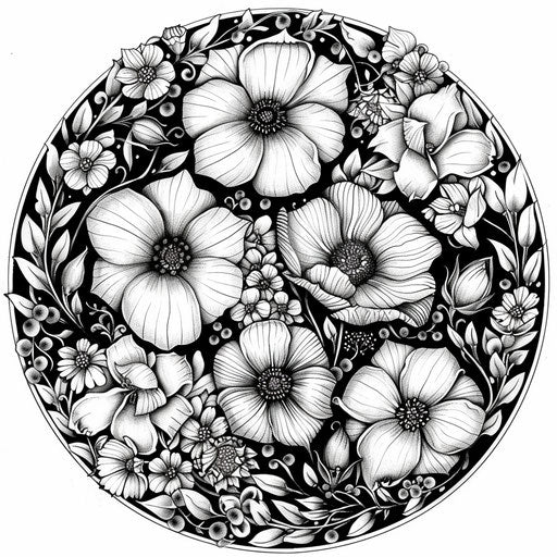 Detailed mandala with spring flowers and vines