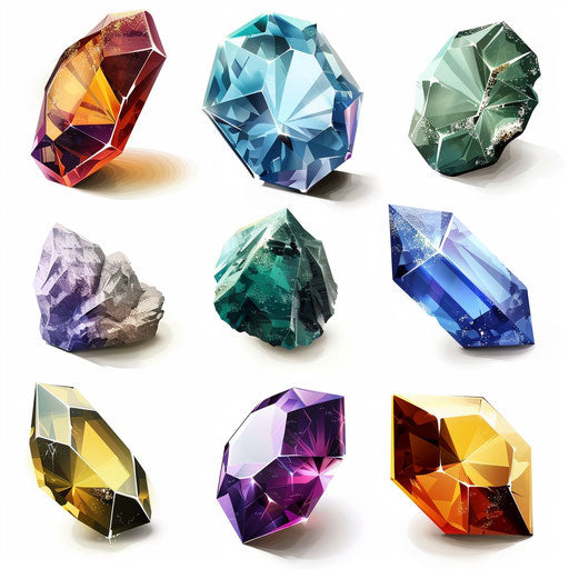 Illustration of gems in a photorealistic style on white background