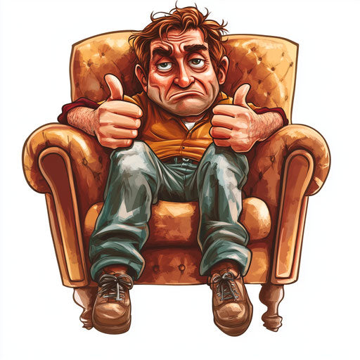 Humorous caricature of a jobs clipart with human characteristics, exaggerated expressive eyes, with fingers hands, sitting on a couch, vibrant colors, cartoon style, thumbs down, high-resolution, no background, isolated