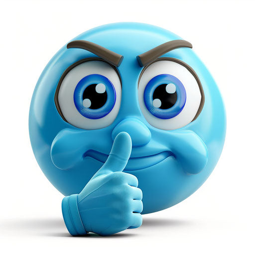 Blue smiley face with shushing gesture on white background