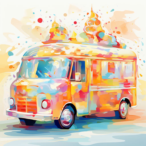 Ice cream truck in Impressionistic style, on white background