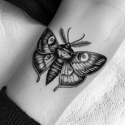 High-contrast black ink death moth tattoo art on white backdrop