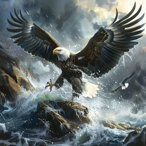 Majestic eagle landing on rocky island in middle of raging river