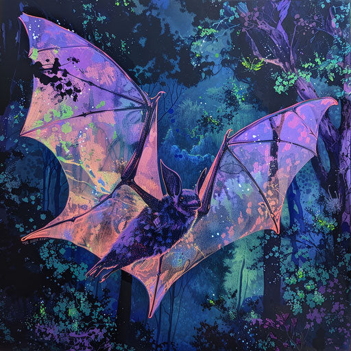 Bat with iridescent wings in a bioluminescent forest