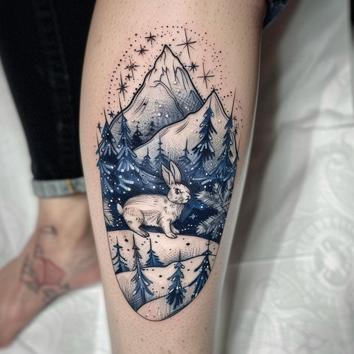 Flat tattoo sketch of a bunny in a snowy landscape