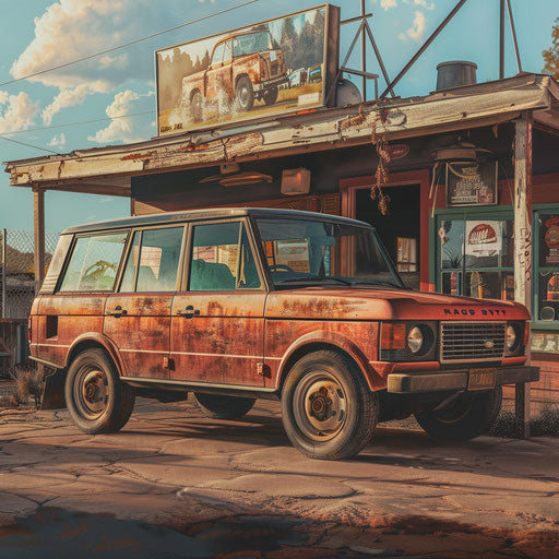 Vintage gas station sign with a 1980 Range Rover
