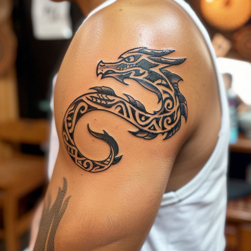 Bicep tattoo of a tribal dragon, in the style of Humberto Ramos