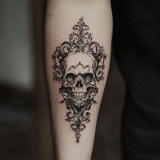 Ink on inner forearm with gothic skull and detailed filigree