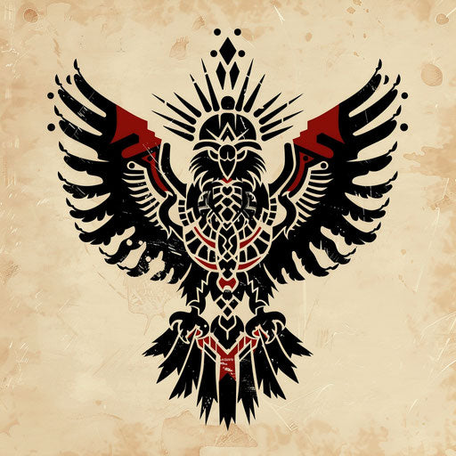 Bold flat tattoo sketch of a Mexican eagle, clipart style with sharp angular lines in black and red