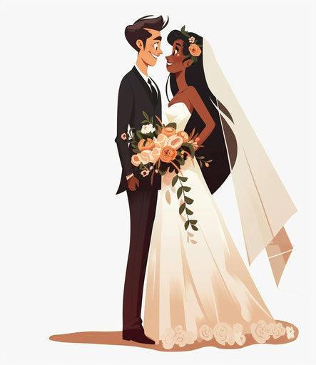 Bride and groom with flower bouquet, caricature faces style