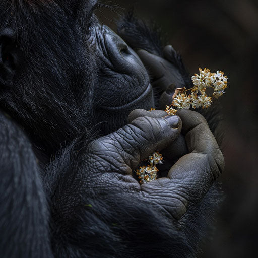 Gorilla hand holding delicate forest flower