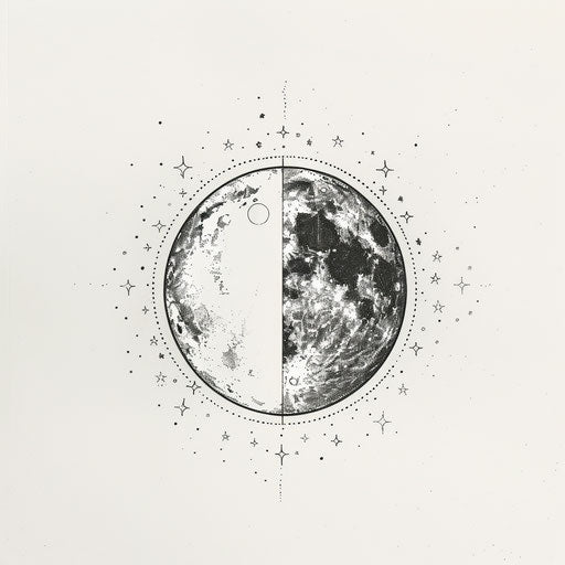 Minimalist lunar phase with stars, tattoo blueprint on pure white background