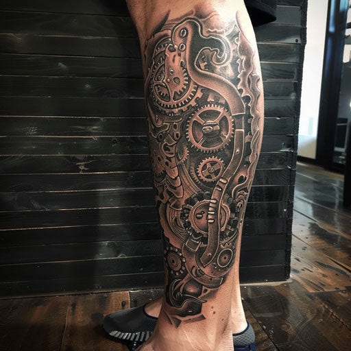 Leg tattoo mechanical gears