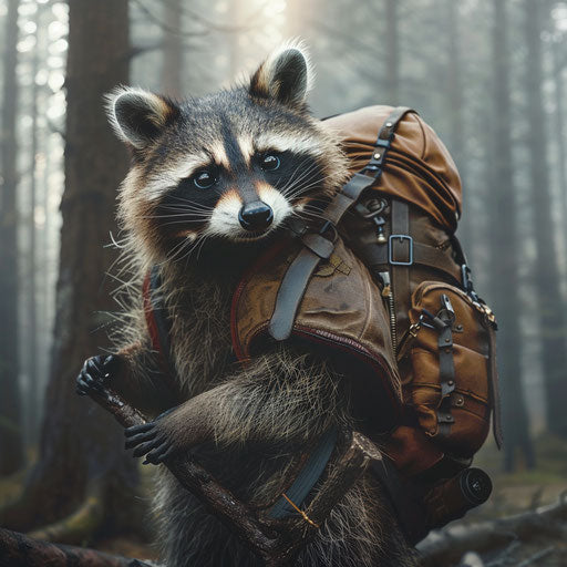 A raccoon traveler backpacking through exotic destinations around the globe