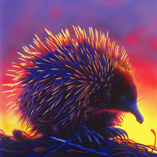 Echidna at sunset, vibrant colors, striking contrast