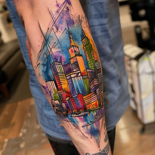 Contemporary gangster tattoo: modern cityscape and graffiti