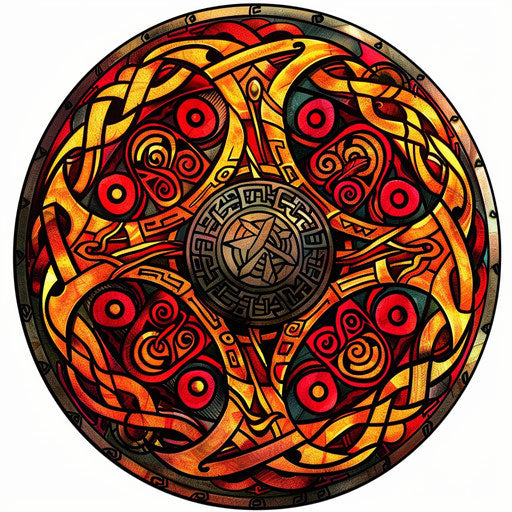 Vibrant tattoo sketch of Baldur's shield, adorned with Norse patterns, in bold reds and golds, styled in a clipart design