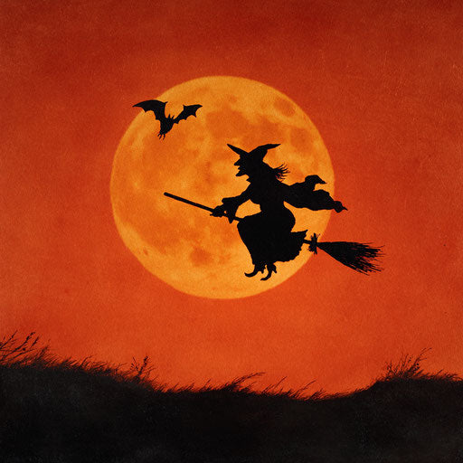 Classic Halloween scene with a flying witch silhouette
