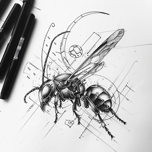 Artistic tattoo sketch of a wasp blending abstract elements with traditional insect motifs