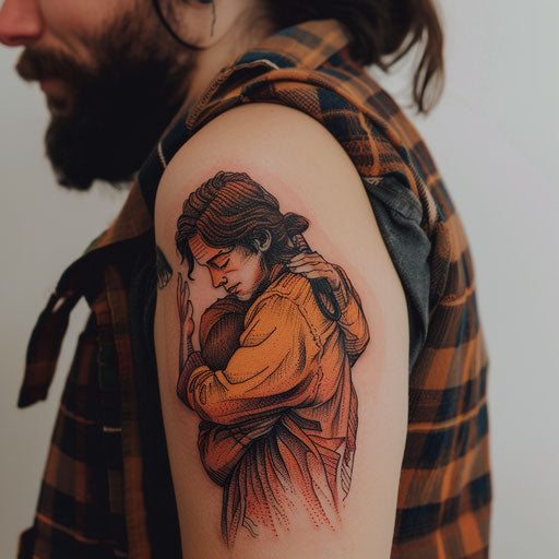 Emotional return of the prodigal son in illustrative tattoo