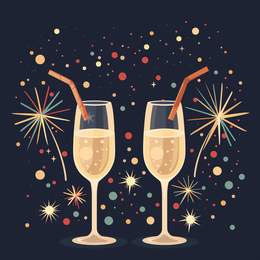 New Year's Eve clipart in photo realistic style with a flat random background, minimalist design and subtle shading