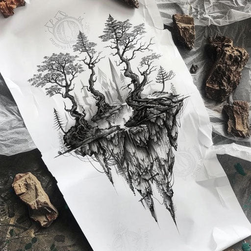 Surreal forest tattoo with floating islands and ancient trees