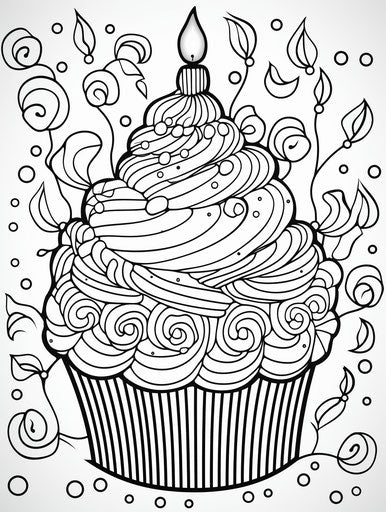 Coloring page: happy birthday cupcake, artistic style