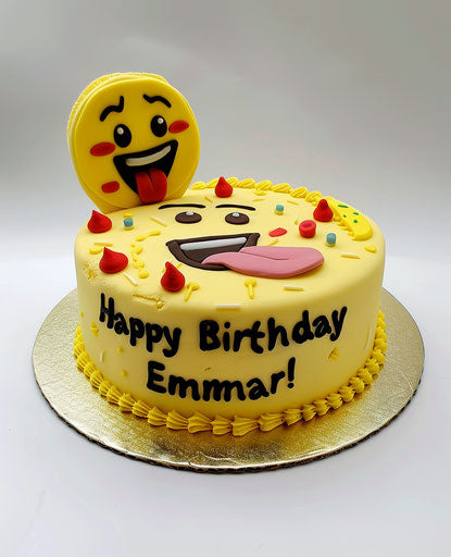 Yellow birthday cake with smiling face and tongue-out emoji