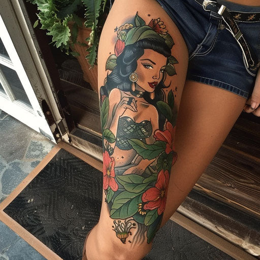 Classic pin-up girl leg tattoo in the style of Ed Hardy