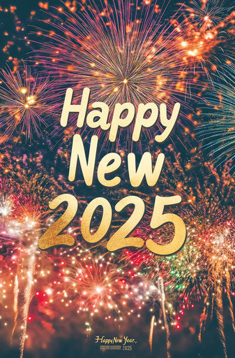 Happy New Year 2025 under golden fireworks display
