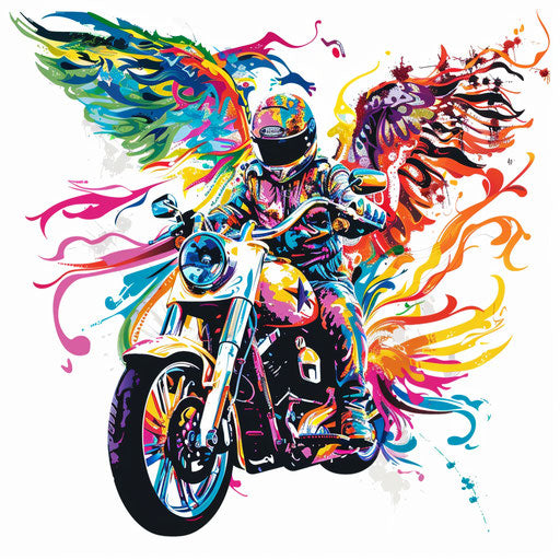 Archangel Michael with colorful street art motorcycle on white