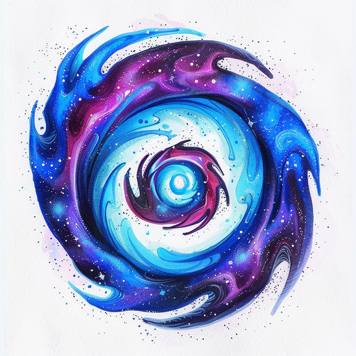 Artistic sketch of a spiral galaxy, vibrant blues and purples, clipart style