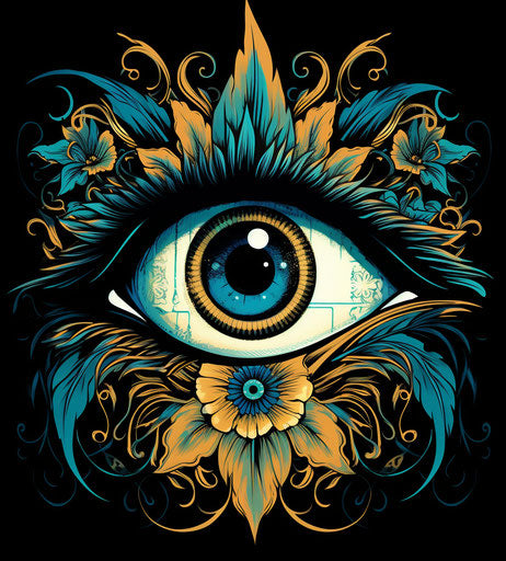 Tribal eye in floral pattern, black and turquoise style