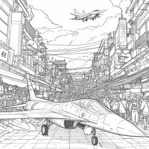 Fighter jet in a bustling market, Mamoru Hosoda style