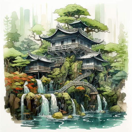 Japanese stone house with waterfall and garden