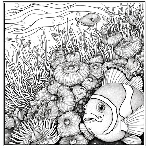 Vibrant coral scene with clownfish and anemone. Coloring book page