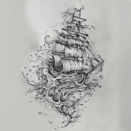 Dynamic sketch of a ship sailing through stylized waves