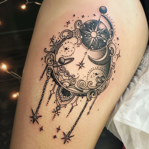 Victorian-inspired galactic tattoo with lace patterns