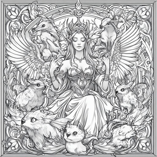 Queen surrounded by mystical creatures, Jen Bartel style, coloring page
