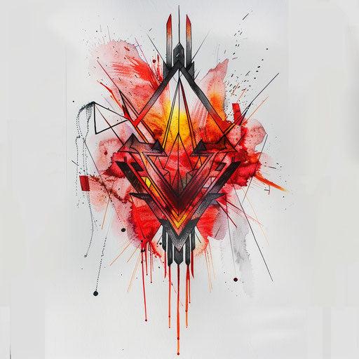 Abstract tattoo symbolizing Hades with geometric shapes and fiery colors